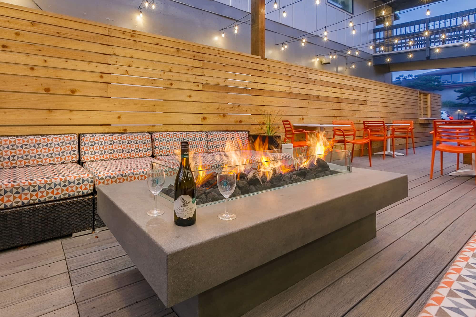 Oregon coast patio with fireplace